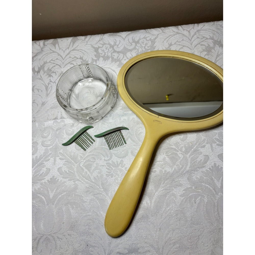 Ivory Pyralin Hand Mirror Glass Powder Jar and Green Hair Combs Set Art Deco VTG